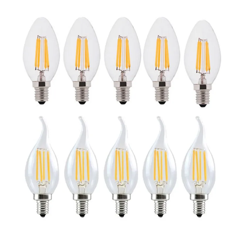 10PCS LED Filament Bulb E14 E27 E12 C35 C35L 220V 110 4W 6W Warm White Dimmable Glass 360 Degree Edison Retro Candle Light Blubs - Image 6
