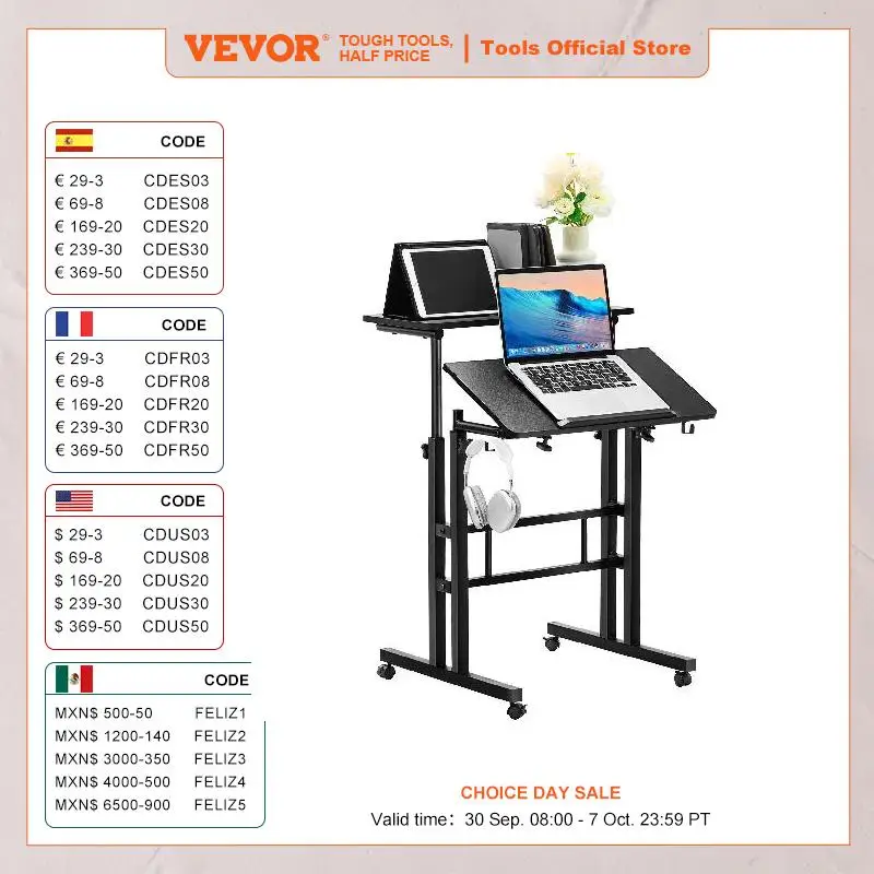 VEVOR 26.4"-44.9" Gas-Spring Height Adjustable Sit-Stand Desk with 360° Swivel Wheels Home Office Rolling Laptop Table Tiltable