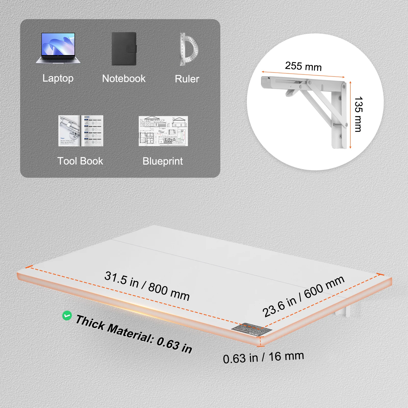 VEVOR Folding Table Wall Mounted Floating Computer Desk with Iron Bracket Drop Leaf Table for Wall Space Saver Home Office - Image 4