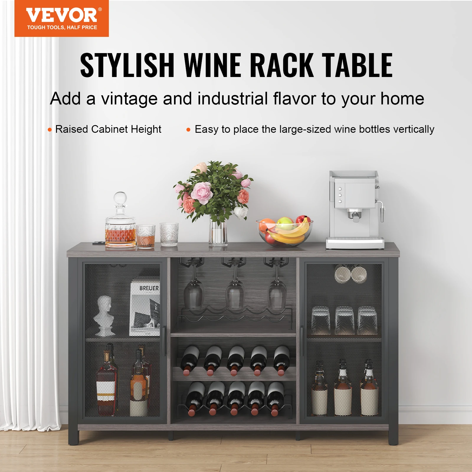 VEVOR 47 Inch Industrial Bar Cabinet Wine Table for Liquor & Glasses Sideboard Buffet Cabinet for Living Room Home Bar Kitchen - Image 2