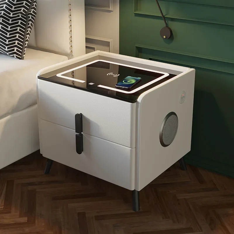 Solid Wood Smart Bedroom Nightstands Moder Style 2 Drawers Multifunction Storage Cabinet Faux Leather Bedside Table - Image 4
