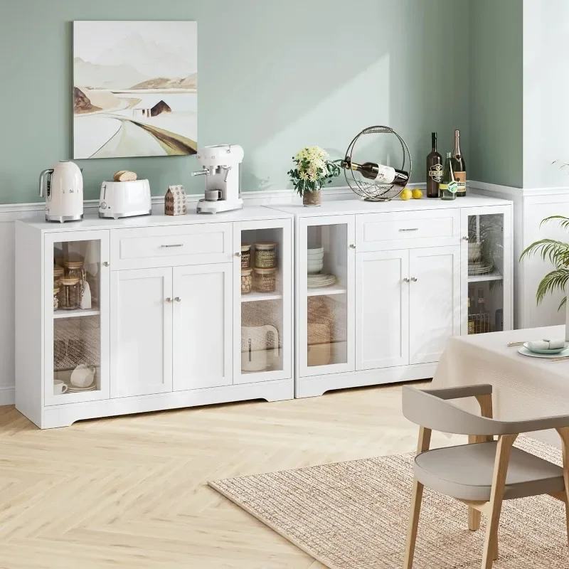 Kitchen Buffet Cabinet, 47'' Buffet Sideboard with Glass Doors, 1 Drawer and Display Shelves, Modern Farmhouse Coffee Bar - Image 2