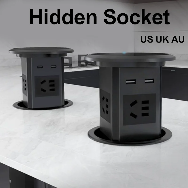 Pop-Up Hidden Desk Box Outlet: US UK AU Standard Universal Socket with USB, Type-C, Wireless Charging 130mm X 130mm
