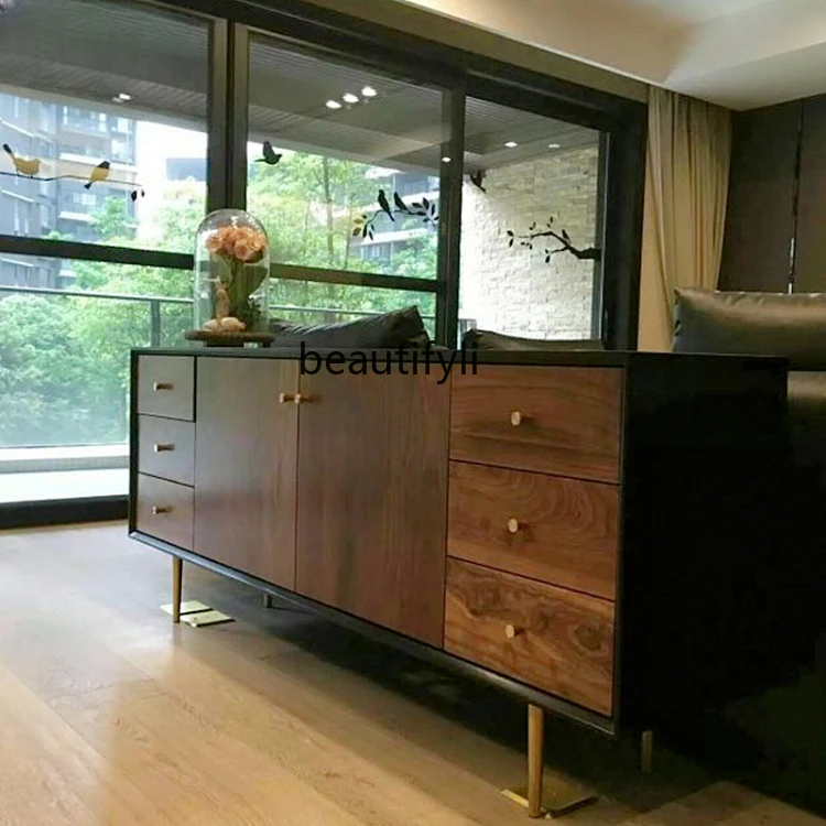 Solid Wood Sideboard Nordic Hallway Buffet Locker Black Walnut Tea Cabinet