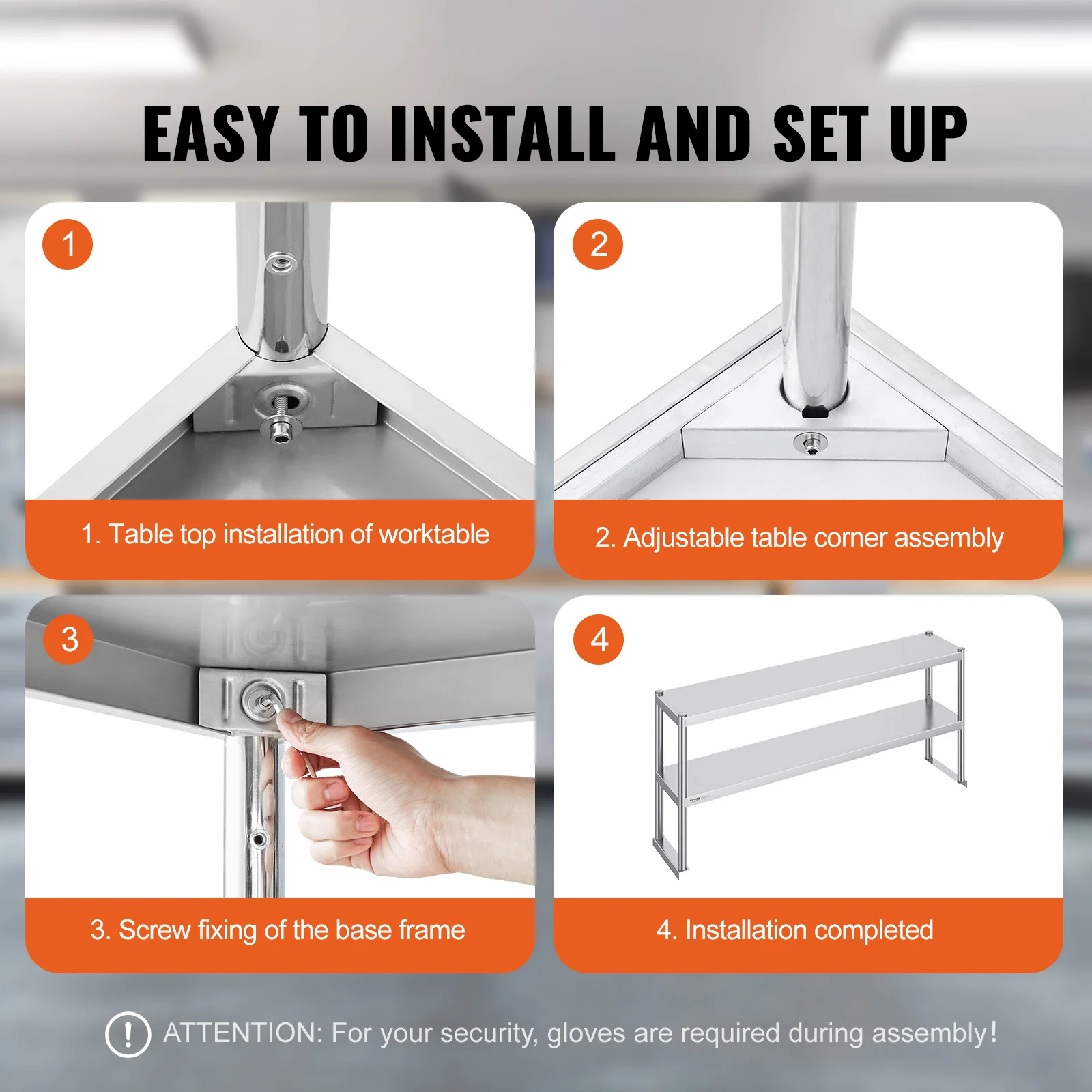 VEVOR Stainless Steel kitchen worktable Overshelf w/ Height Adjustable Overshelf Prep Work Table for Kitchen Restaurant Workshop - Image 5