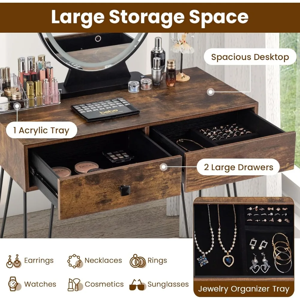 Makeup Table with Illuminated Mirror, 3 Color Lighting Modes, Adjustable Brightness, 2 Large Drawers and Acrylic Storage Box - Image 3