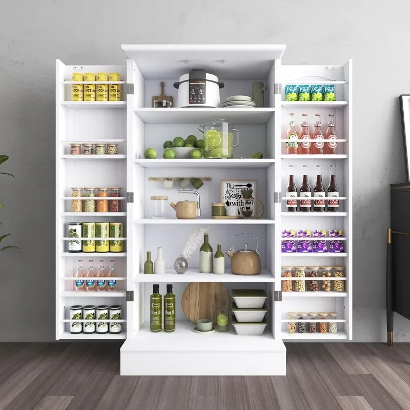 Kitchen Pantry Cabinet, White Freestanding Buffet Cupboards Sideboard with Doors & Adjustable Shelves, Kitchen Pantry Storage