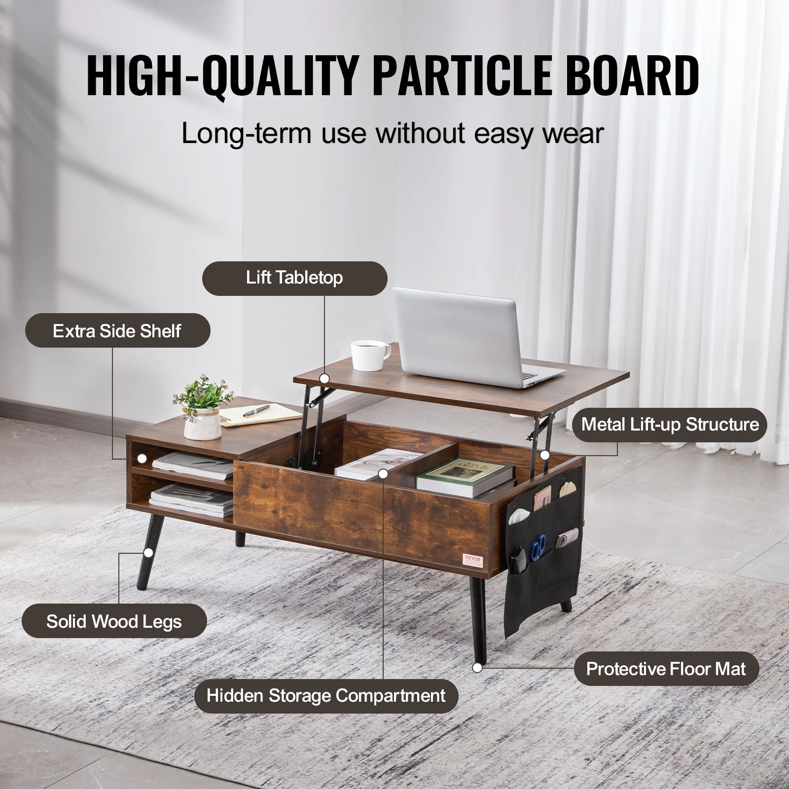 VEVOR Lift Top Coffee Table Round/Rectangle Coffee Table with Extra Storage Pockets Pop Up/Flipable Coffee Table for Living Room - Image 5