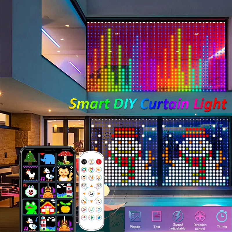 400LEDs Smart Curtain Lights App Control LED String RGB Fairy Lights USB DIY Text Pattern Music Change Display Party Room Decor