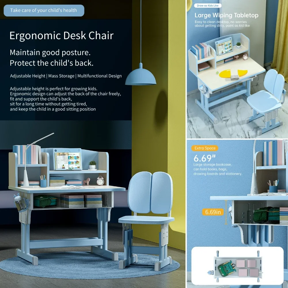 Kids Desk and Chair Set Height Adjustable, Children School Writing Study Table for Kids Computer Office Desk with Drawers - Image 3