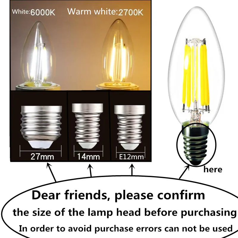10PCS LED Filament Bulb E14 E27 E12 C35 C35L 220V 110 4W 6W Warm White Dimmable Glass 360 Degree Edison Retro Candle Light Blubs - Image 3