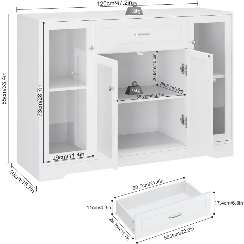 Kitchen Buffet Cabinet, 47'' Buffet Sideboard with Glass Doors, 1 Drawer and Display Shelves, Modern Farmhouse Coffee Bar - Image 3