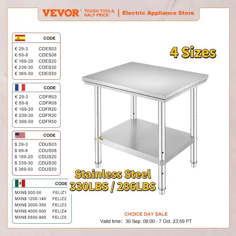 VEVOR Kitchen Work Bench Commercial Catering Table Worktable with Undershelf Stainless Steel 330LBS 286LBS for Restaurant Garage