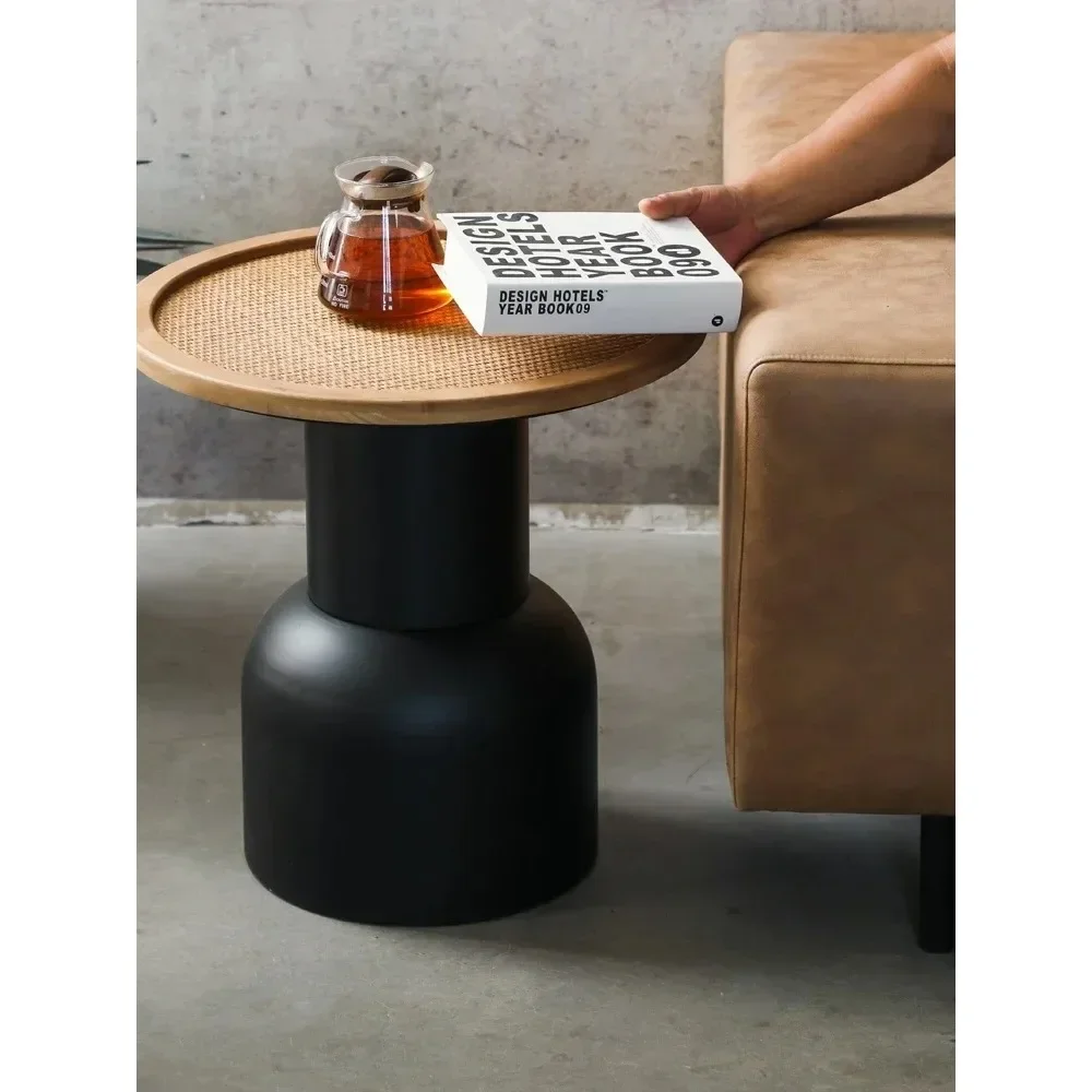 Retro Art Home Sofa Side Table Solid Wood Rattan Creative Coffee Tables Bedside Iron Small Round Desks Home Decoration - Image 2