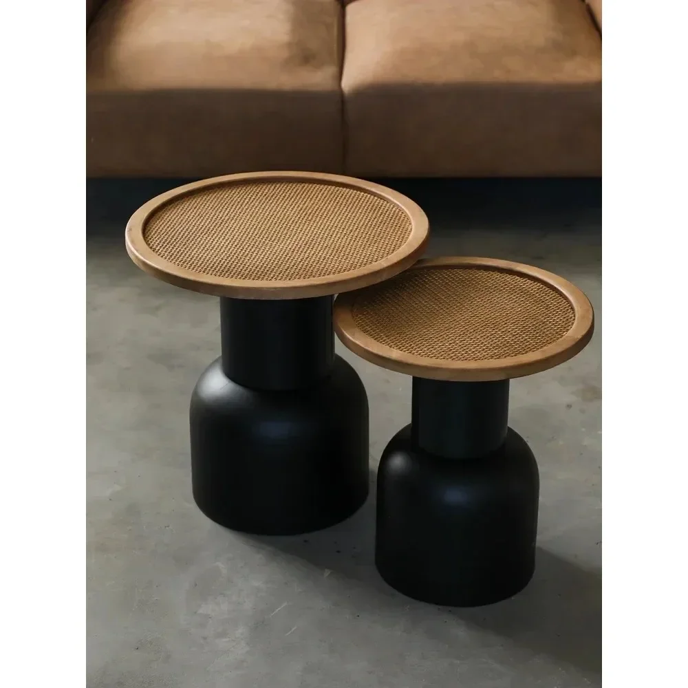 Retro Art Home Sofa Side Table Solid Wood Rattan Creative Coffee Tables Bedside Iron Small Round Desks Home Decoration - Image 4