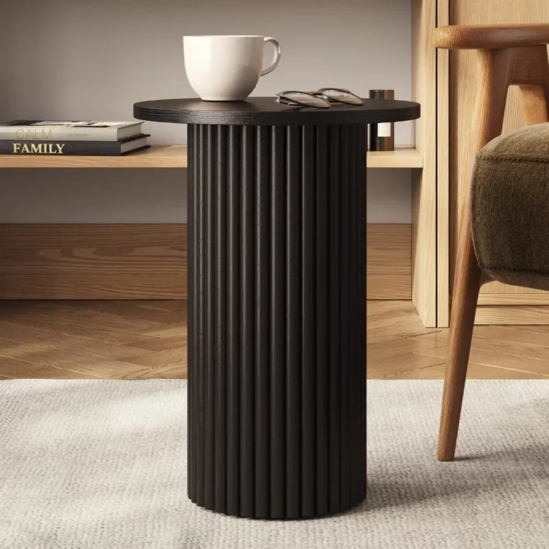 Round Fluted Accent Side Table - Pedestal Drink Table - Modern Home, Bedroom, and Living Room Furniture Small Wooden Round