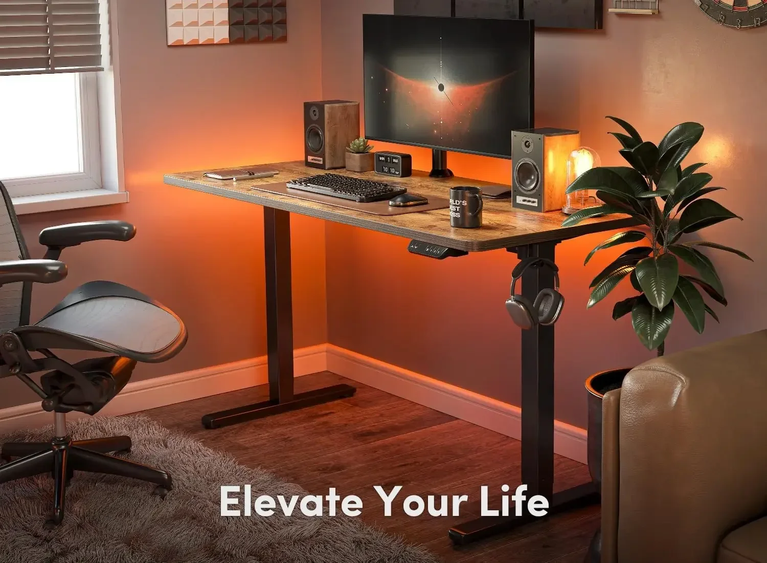 Height Adjustable Electric, 63 x 24 Inches Table, Sit Stand Home Office Desk with Splice Board, Black Frame/Rustic Brown Top - Image 3
