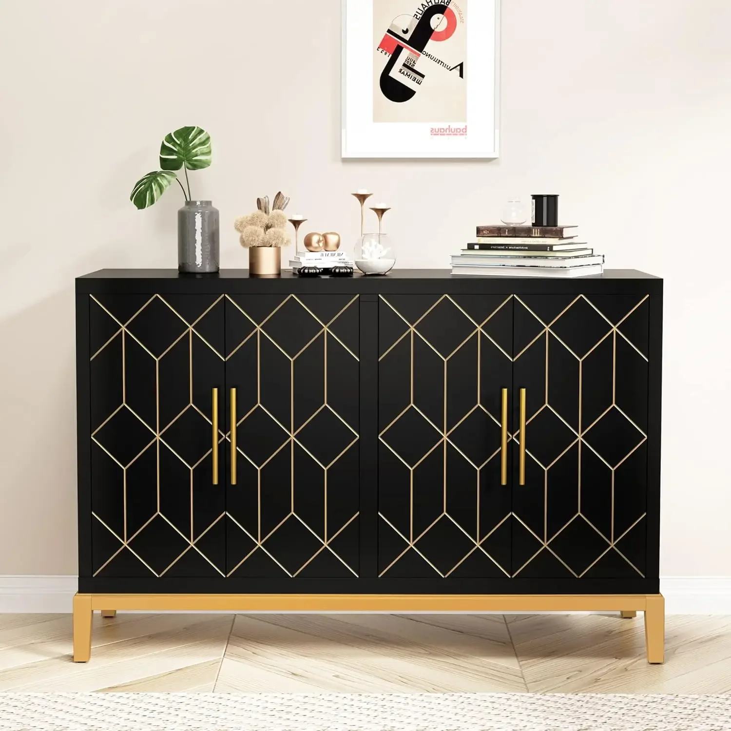 Accent Cabinet with 4 Doors & Shelves Sideboard Buffet Cabinet with Gold Trim Modern Black Storage Cabinet for Living Room - Image 2