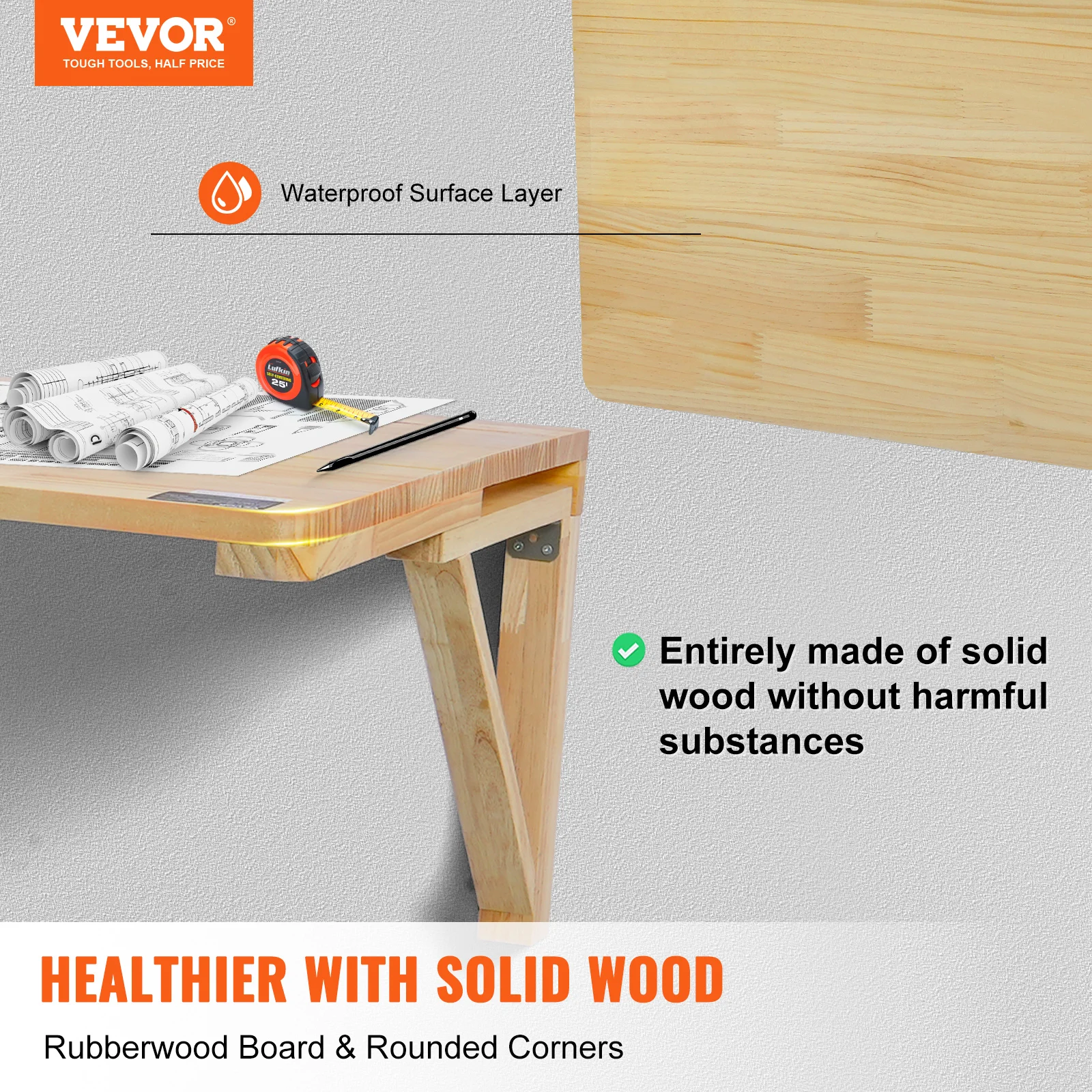 VEVOR Wall Mounted Folding Table Wooden Floating Desk with Iron Bracket Drop Leaf for Home Office Kitchen Bar Space-Saving - Image 2