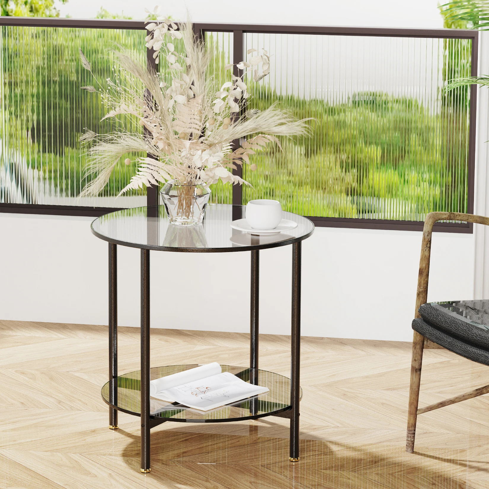 20” Round Coffee Table with Storage 2-Tier, Accent Table,Cocktail Table with Tempered Glass Top - Image 2