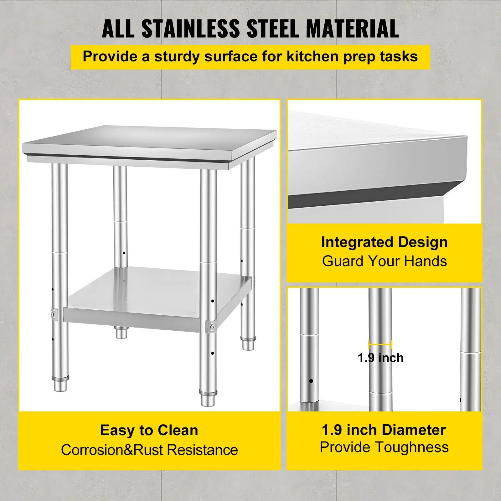 VEVOR Kitchen Work Bench Commercial Catering Table Worktable with Undershelf Stainless Steel 330LBS 286LBS for Restaurant Garage - Image 3