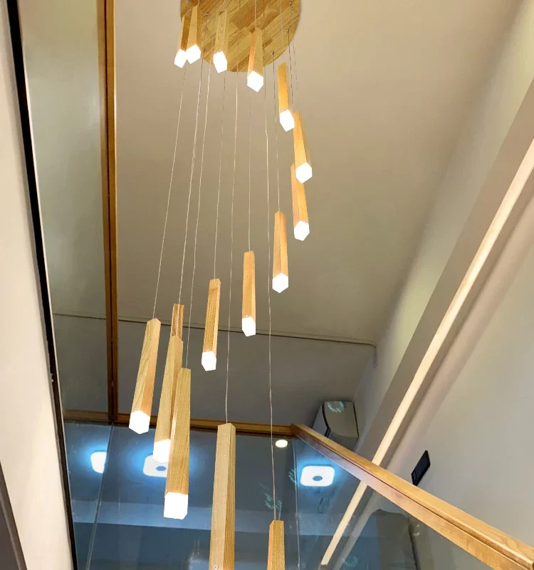 Nordic Loft Wooden Chandelier Villa Rotating Ceiling Hanging Chandelier Minimalist Led Long Chandelier Staircase Pendant Light