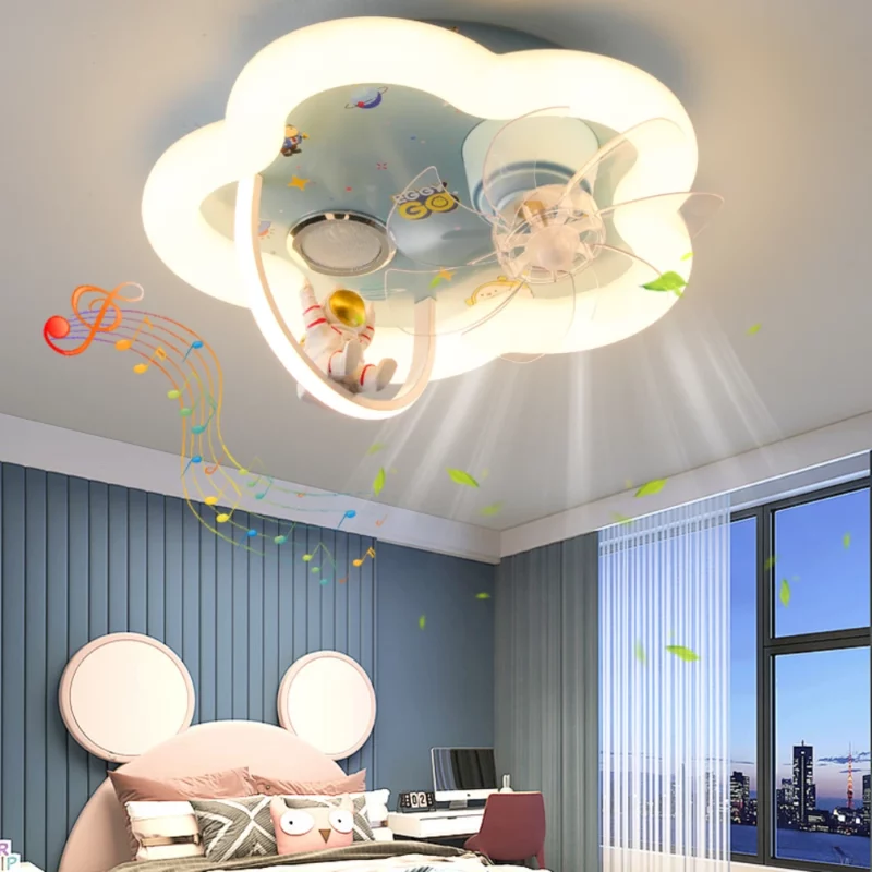 New LED Kids Room Ceiling Light Cartoon Astronaut Voice-activated Bluetooth Music Fan Lights Boys and Girls Bedroom Lamp