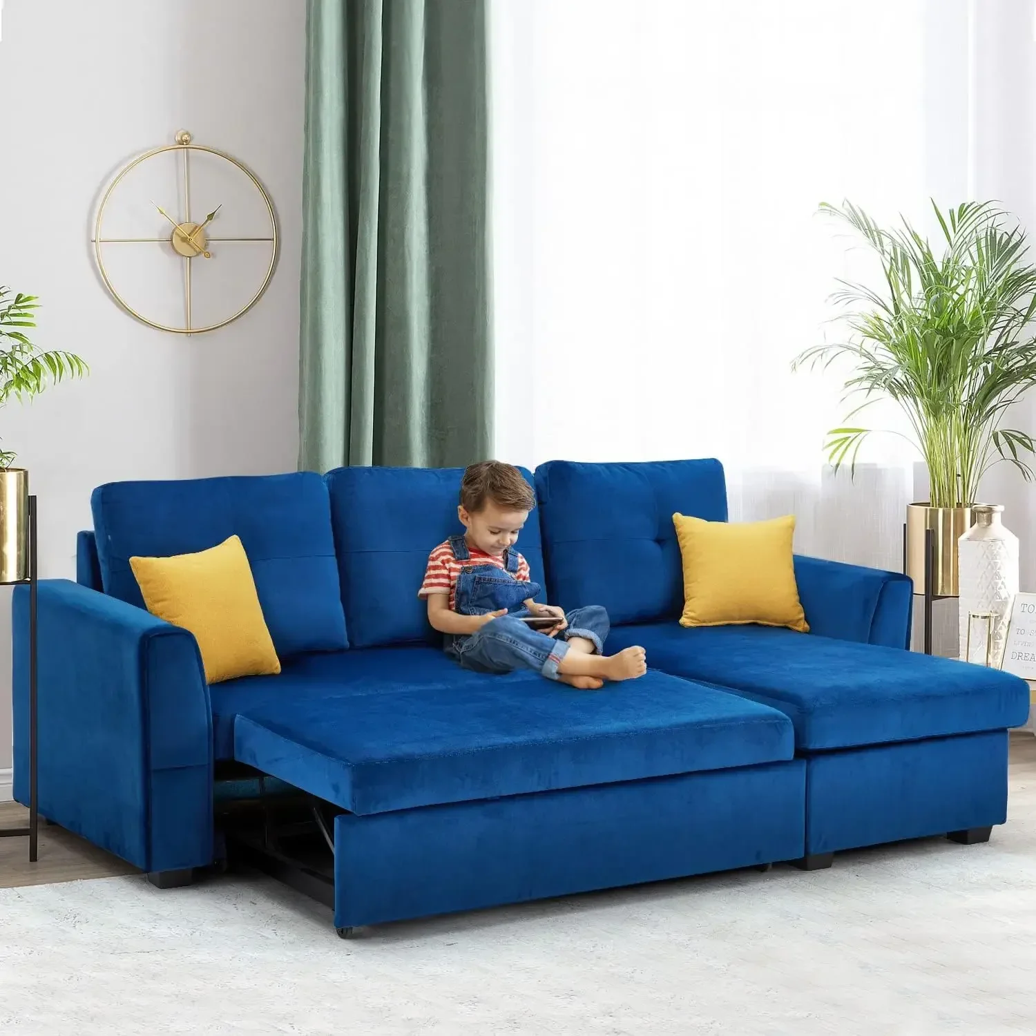 Sectional Sleeper Sofa, Flannel Pull Out Bed with Removable Chaise Longue, 3Seater Sofa Bed with Storage Ottoman for Living Room - Image 2