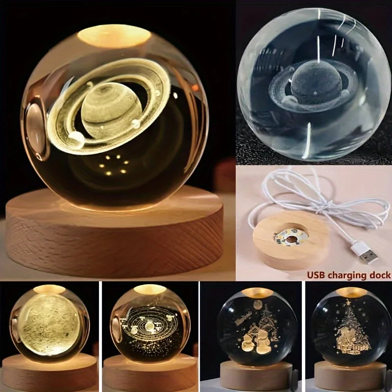 6cm 3D Crystal Ball USB LED Night Light Solar System Santa Claus Ambient Light for Bedroom Home Decor Table Lamp Children Gifts - Image 5