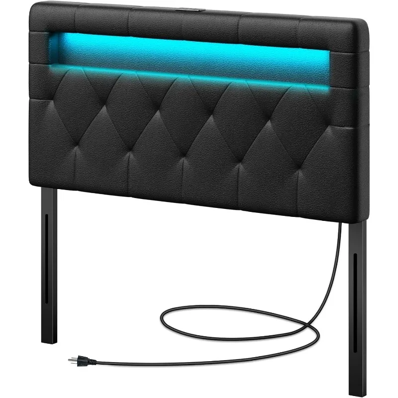 Headboard for Twin Size Bed with 60,000 DIY color of LED Light, USB & Type C Post, Attach Frame, Height Adjustable, Black, Twin