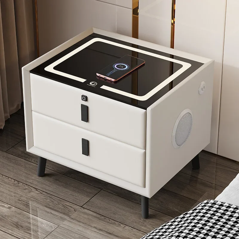 Modern Style Intelligent Bedside Table 2 Drawers Faux Leather Nightstands with Wireless Charging Bluetooth Speaker Side Cabinet - Image 2