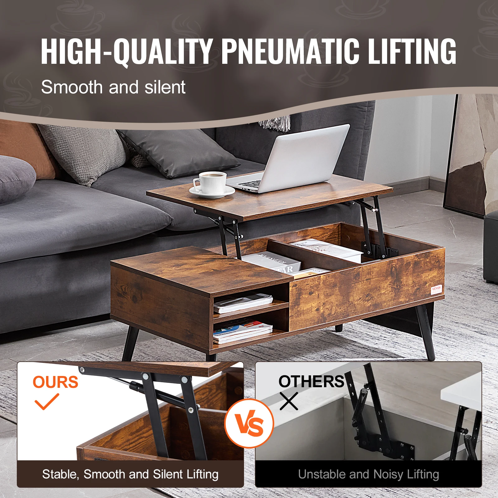 VEVOR Lift Top Coffee Table Round/Rectangle Coffee Table with Extra Storage Pockets Pop Up/Flipable Coffee Table for Living Room - Image 3