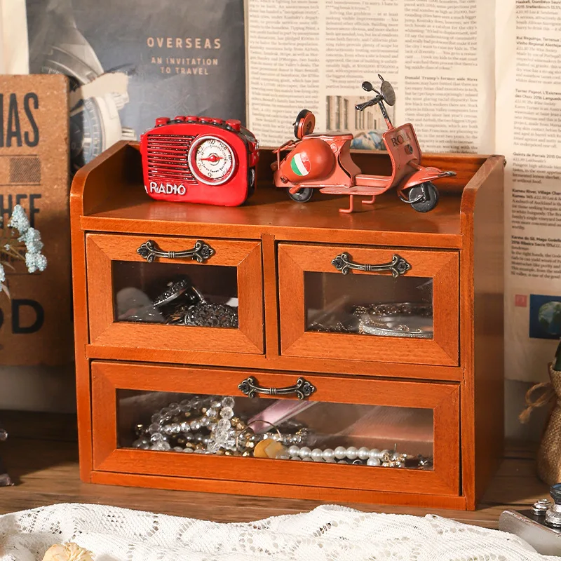 Desk Storage Drawer Retro Wooden Desktop Cosmetic Jewelry Organizer Multi-layer Dollhouse Furniture Figure Display Box Cabinet