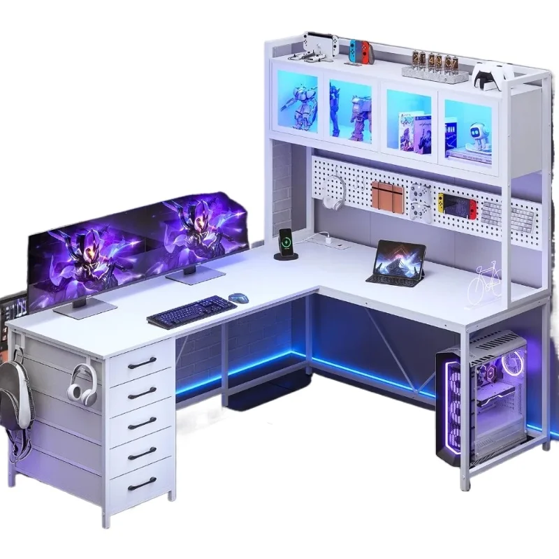 L-shaped Computer Desk with Storage Shelves, Pegboard, LED Lights, Sockets, Home Office Desk, Corner Table, Large Gaming Table