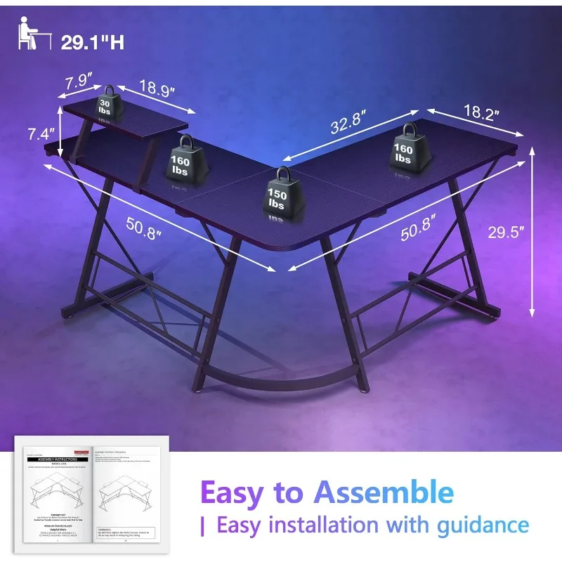 L Shaped Gaming Desk Corner Computer Desk, Home Office Desks Writing Workstation with Large Monitor Stand, Black,51 Inch - Image 3