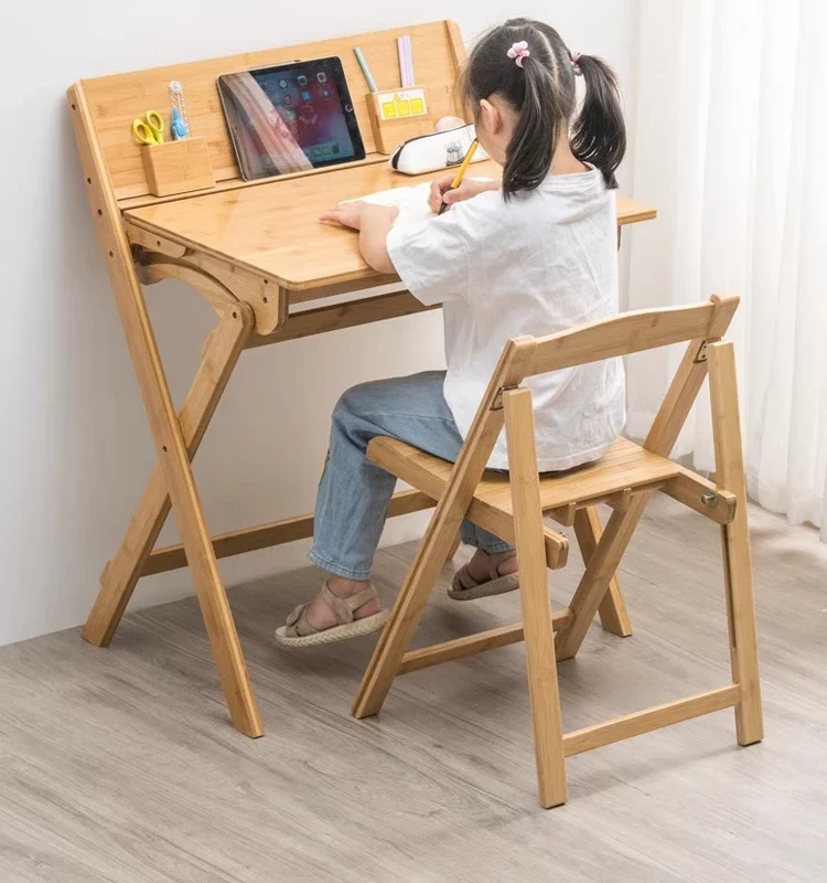 Bamboo Children Study Desk Living Room Foldable Writing Desk Chair Household Space-saving Portable Child Table Home Furniture