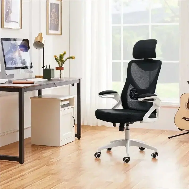 High Back Ergonomic Mesh Office Chair with Adjustable Padded Headrest, White/Black Furniture - Image 6
