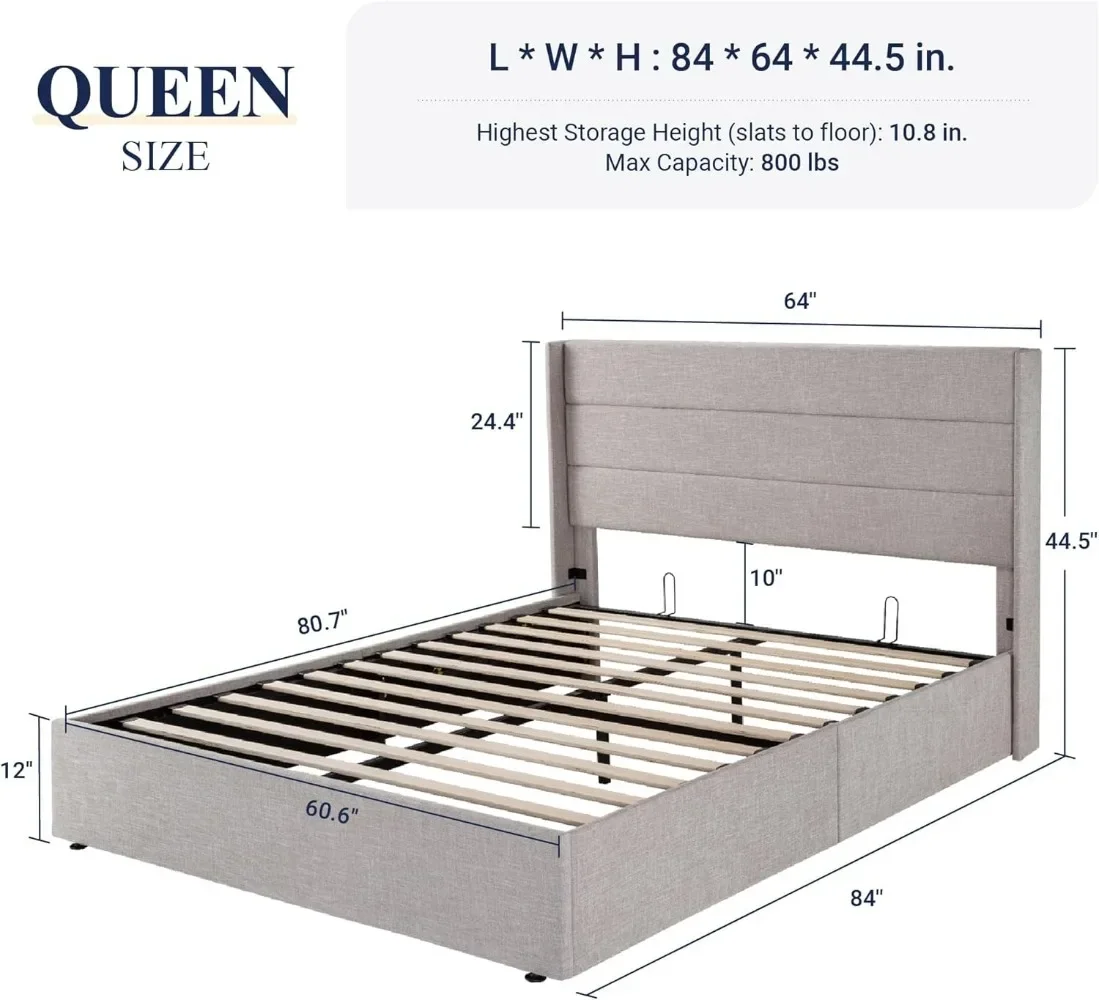 Queen Size Lift Up Storage Bed, Modern Wingback Headboard, No Box Spring Needed, Hydraulic Storage, Light Beige - Image 2