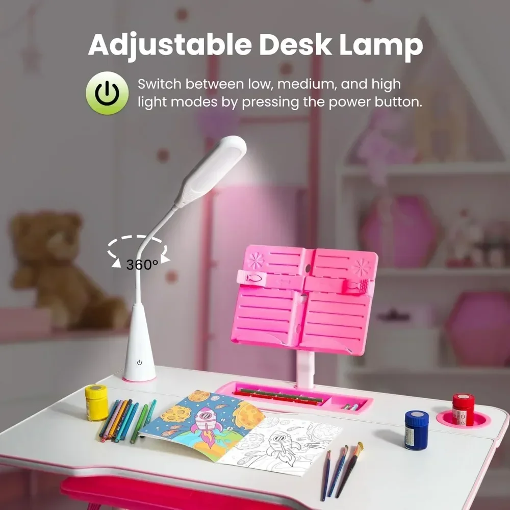 Kids Desk and Chair Set for Ages 4-12, Height Adjustable Children's Study Table, Student School Desks with Lamp, Pencil Case - Image 5