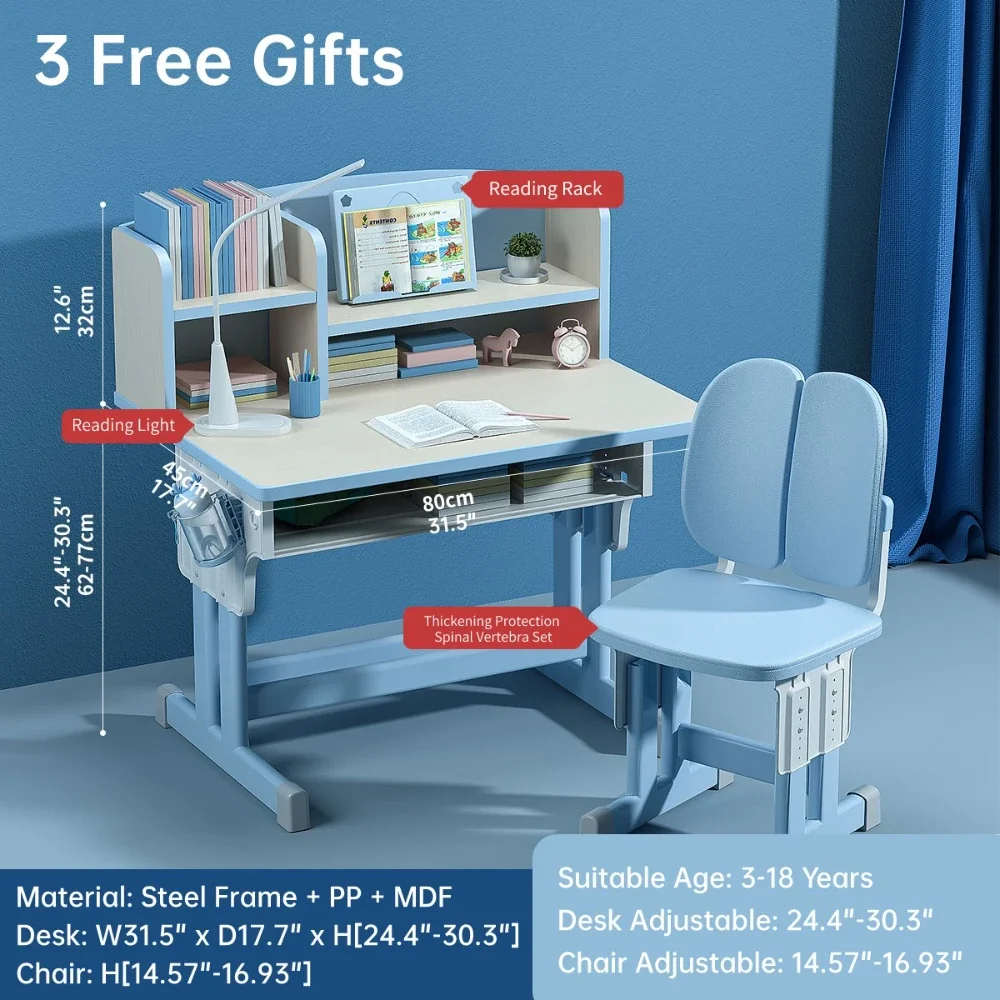 Kids Desk and Chair Set Height Adjustable, Children School Writing Study Table for Kids Computer Office Desk with Drawers - Image 2
