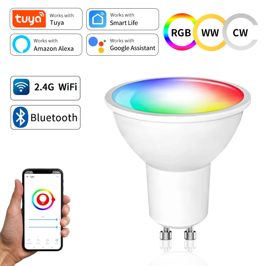 220V Tuya Smart GU10 LED Light Bulbs Wi-Fi/Bluetooth Smart Life App Dimmable RGB Spotlight for Living Room Ceiling Decor