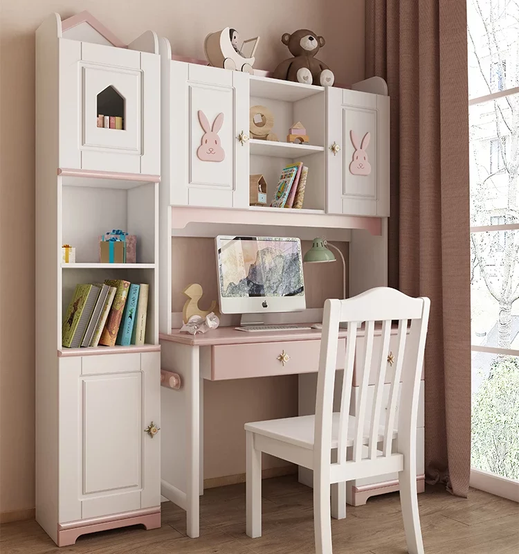 Rabbit children's room desk girls bedroom one-word board corner desk bookshelf one-piece table children's writing desk