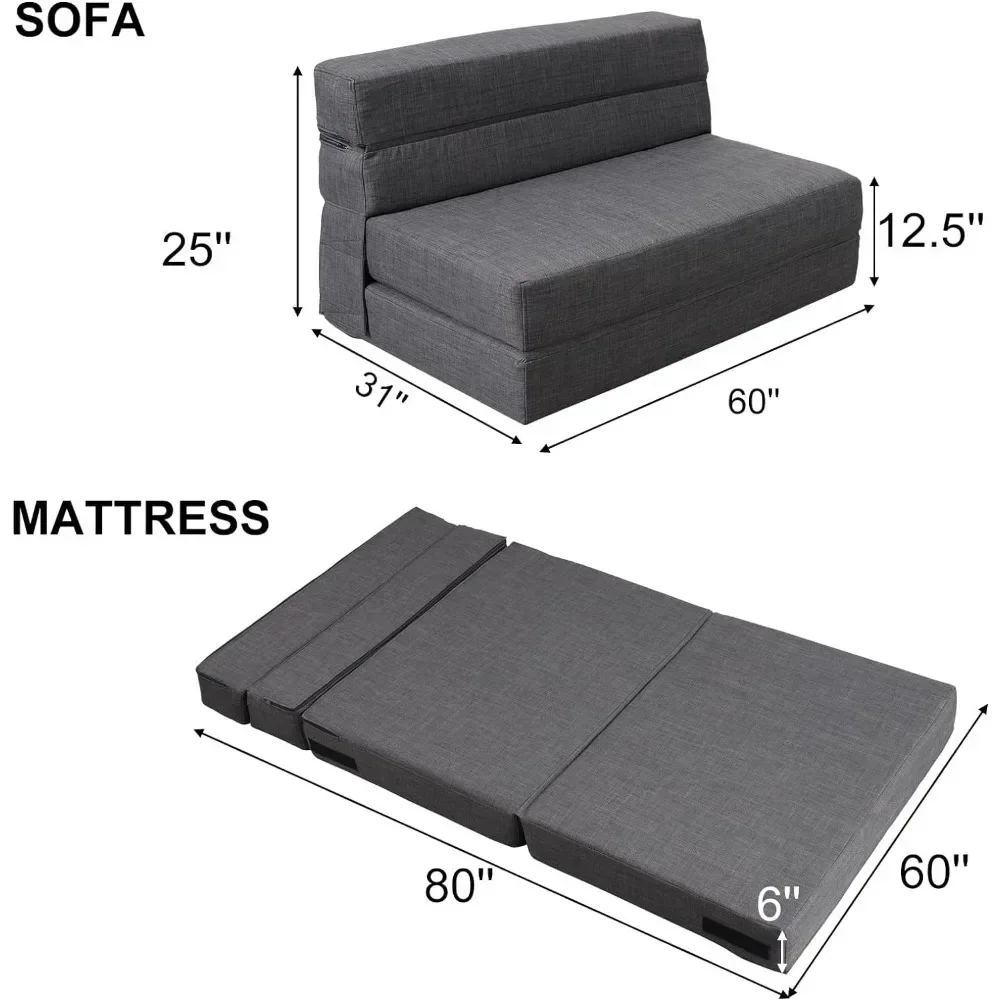 60" Futon Sleeper Chair Guest Sofa Bed and Fold Out Couch with 2 Pillows ,Memory Foam, Washable Cover Queen Size, Dark Gray - Image 2