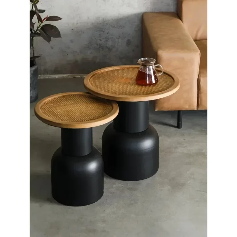 Retro Art Home Sofa Side Table Solid Wood Rattan Creative Coffee Tables Bedside Iron Small Round Desks Home Decoration