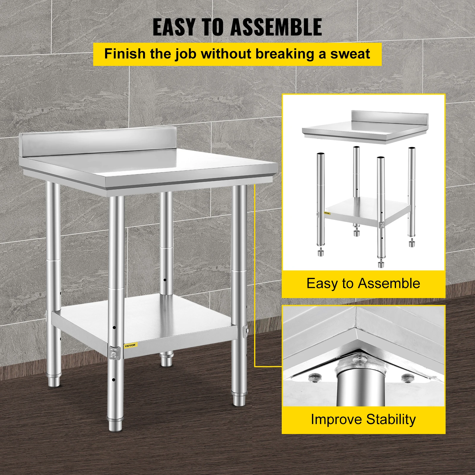 VEVOR Kitchen Work Bench Commercial Catering Table Worktable with Undershelf Stainless Steel 330LBS 286LBS for Restaurant Garage - Image 6