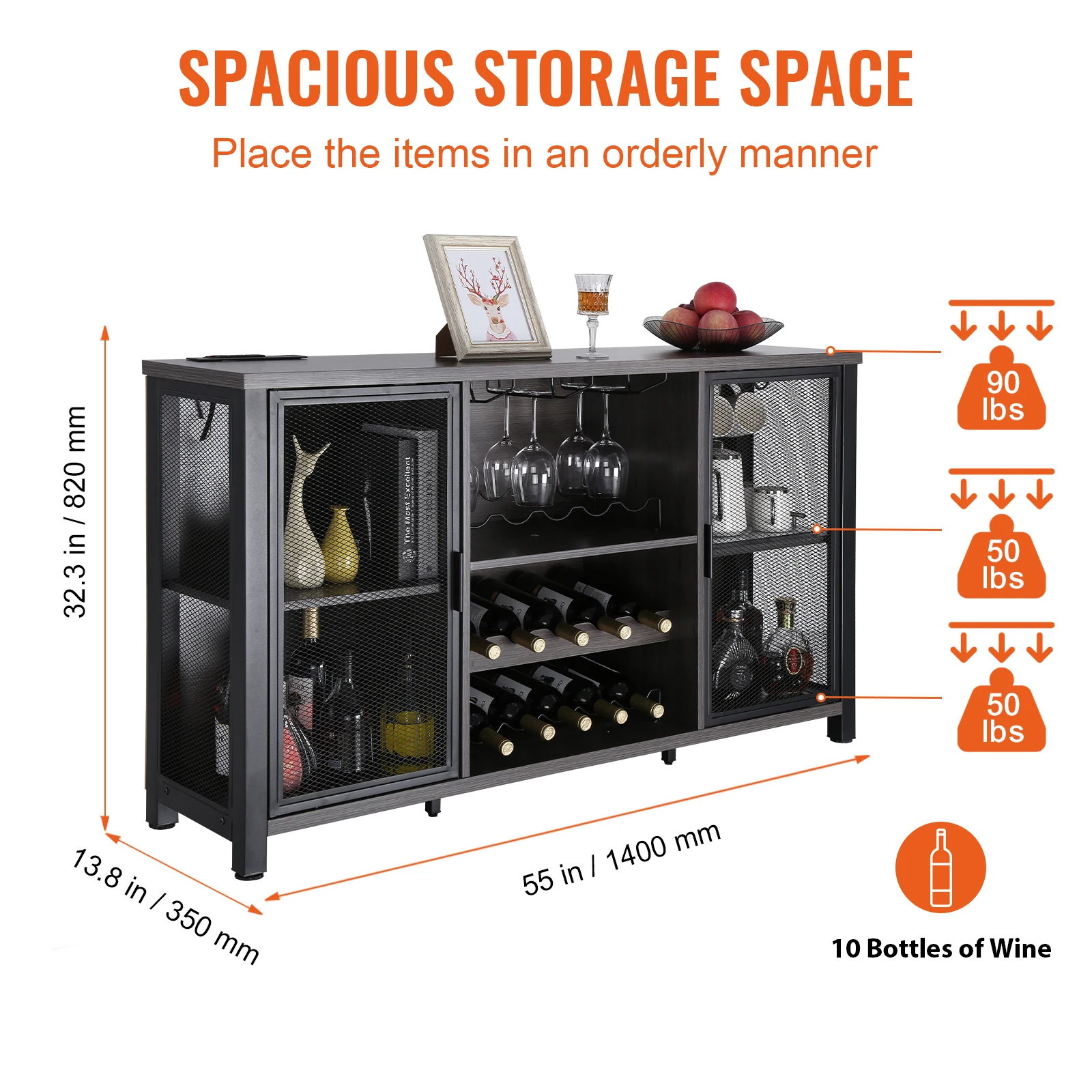VEVOR 47 Inch Industrial Bar Cabinet Wine Table for Liquor & Glasses Sideboard Buffet Cabinet for Living Room Home Bar Kitchen - Image 3
