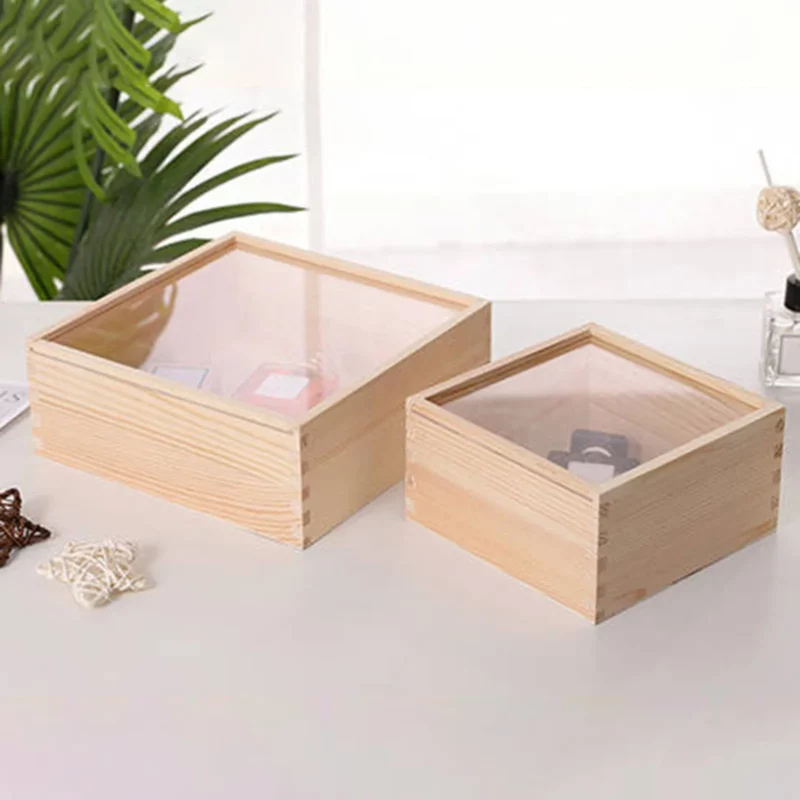 Wooden Storage Box with Clear Acrylic Lid Jewlery Storage Organizer Treasure Display Case Gift Box Table Decoration