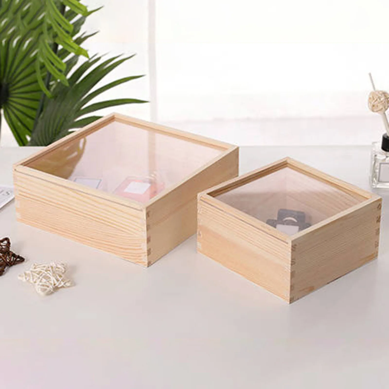 Wooden Storage Box with Clear Acrylic Lid Jewlery Storage Organizer Treasure Display Case Gift Box Table Decoration