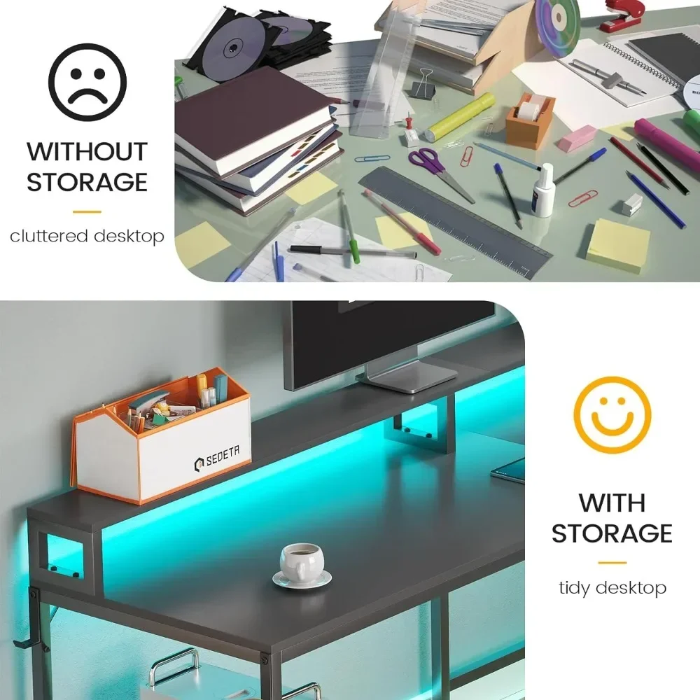 Computer Desk, L Shaped Gaming Desks, with File Drawer & Power Outlet, with Led Lights, Monitor Shelf, Computer Desk - Image 4