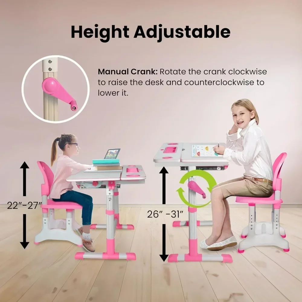 Kids Desk and Chair Set for Ages 4-12, Height Adjustable Children's Study Table, Student School Desks with Lamp, Pencil Case - Image 2